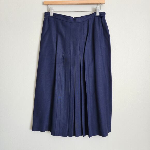 Christian Dior Vintage High Waisted Navy Blue Pleated Midi Skirt Size 14